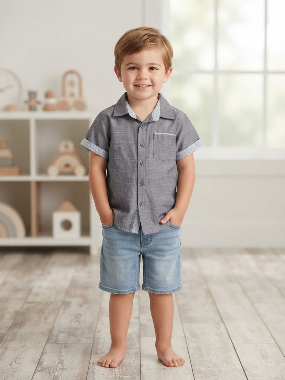 Take 50% OFF-Boys' Short Sleeve Button Shirt in Blue and Jeans shorts, Size-5